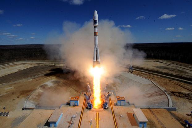 File image of 2016 launch of Russian Soyuz 2.1a rocket carrying Lomonosov, Aist-2D and SamSat-218 satellites. AP image.